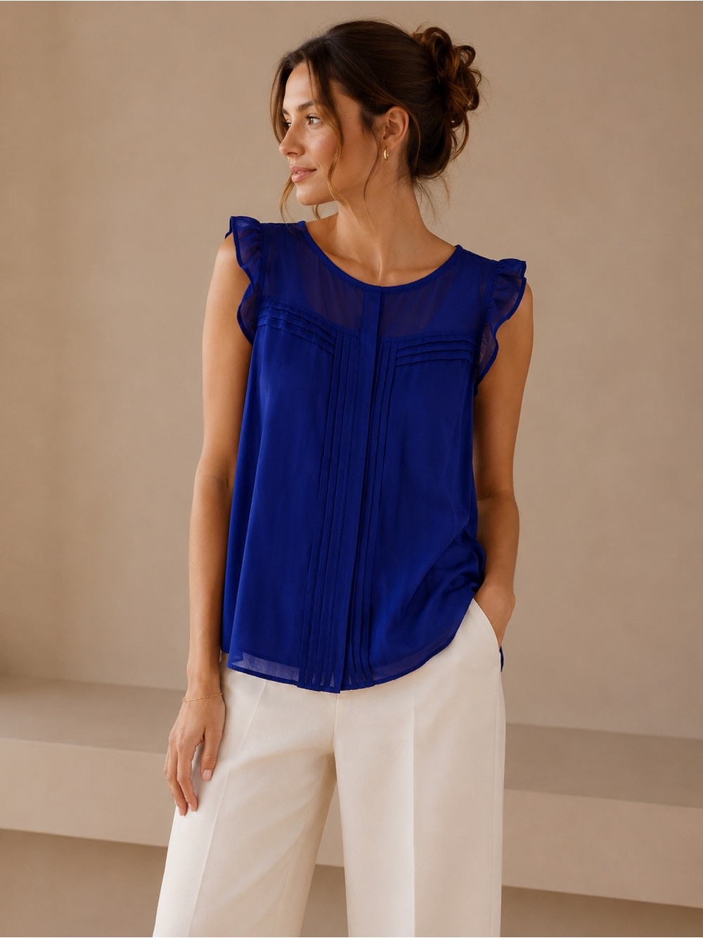 Nicole Miller Royal Blue Ruffle Sleeve Sheer Blouse with Keyhole Back Size L